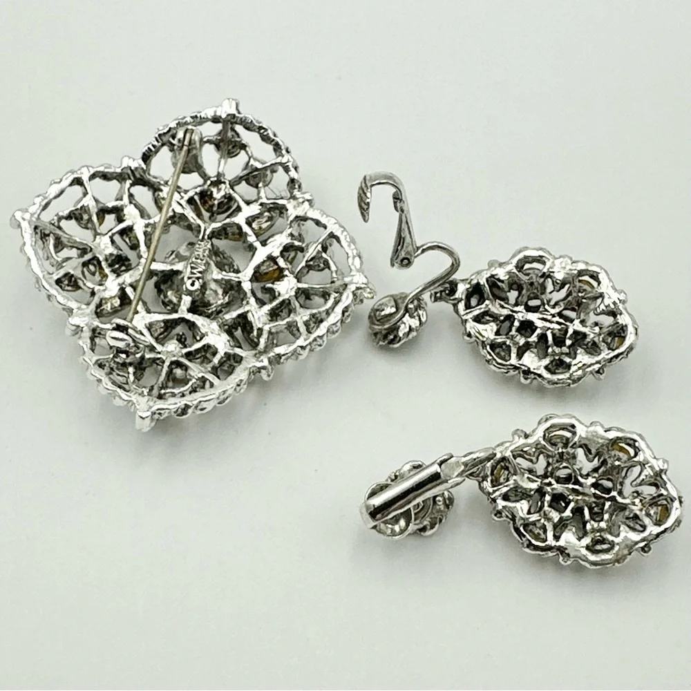 Weiss Signed Vintage Grey Rhinestone Silver Tone Brooch & Earrings Set Parure